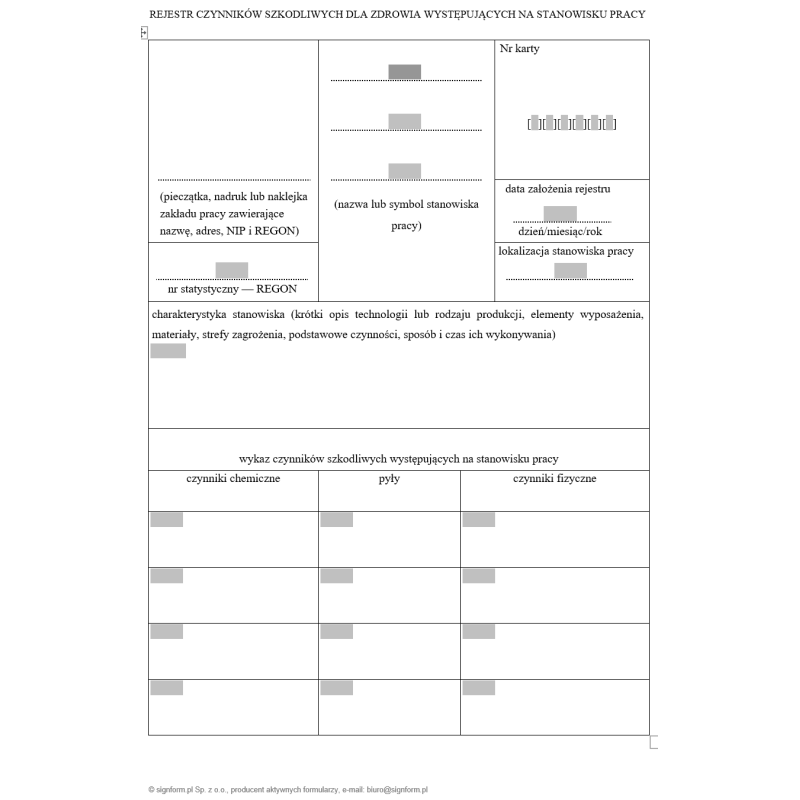 Rejestr czynników szkodliwych dla zdrowia występujących na stanowisku pracy