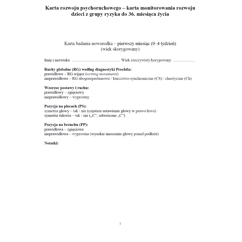 Karta rozwoju psychoruchowego – karta monitorowania rozwoju dzieci z grupy ryzyka do 36. miesiąca życia