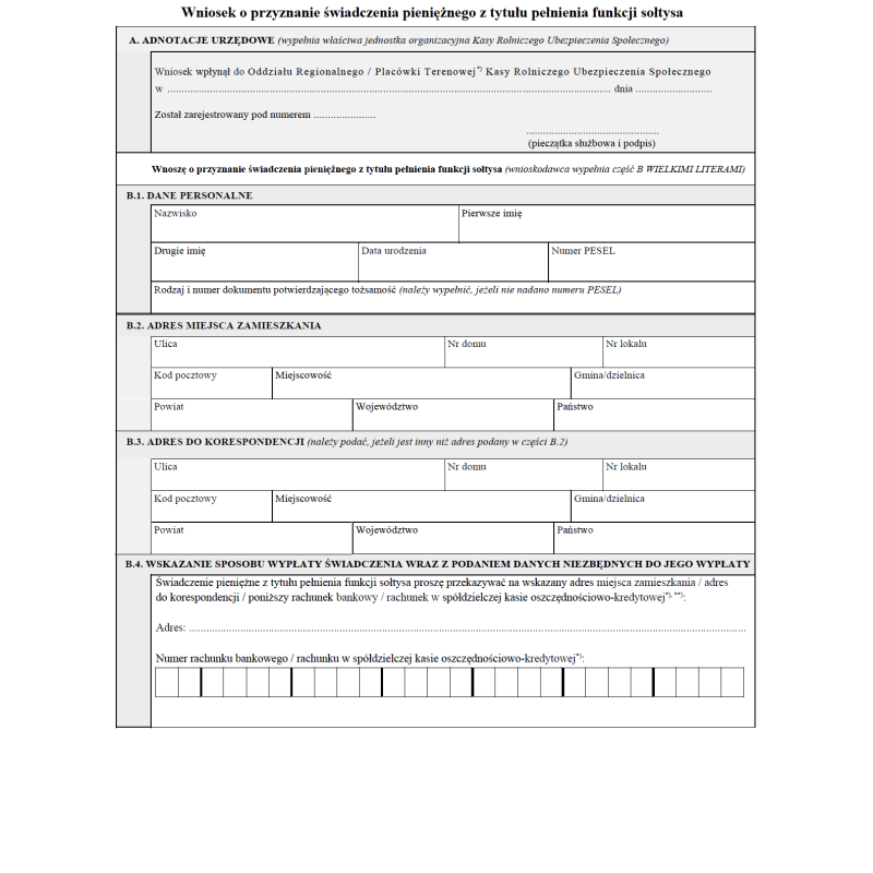 Wniosek o przyznanie świadczenia pieniężnego z tytułu pełnienia funkcji sołtysa