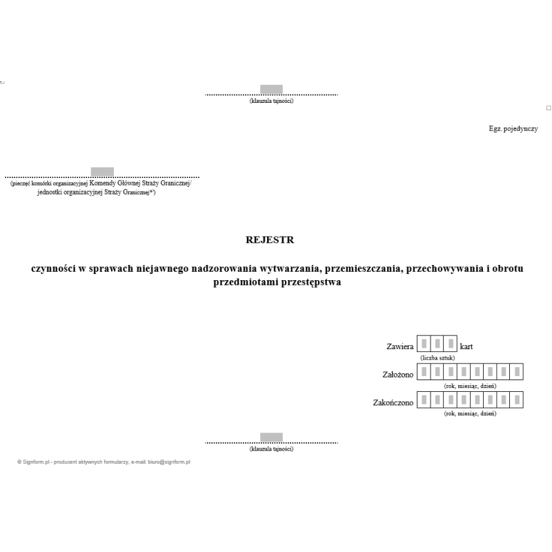 Rejestr czynności w sprawach niejawnego nadzorowania wytwarzania, przemieszczania, przechowywania i obrotu przedmiotami przestępstwa