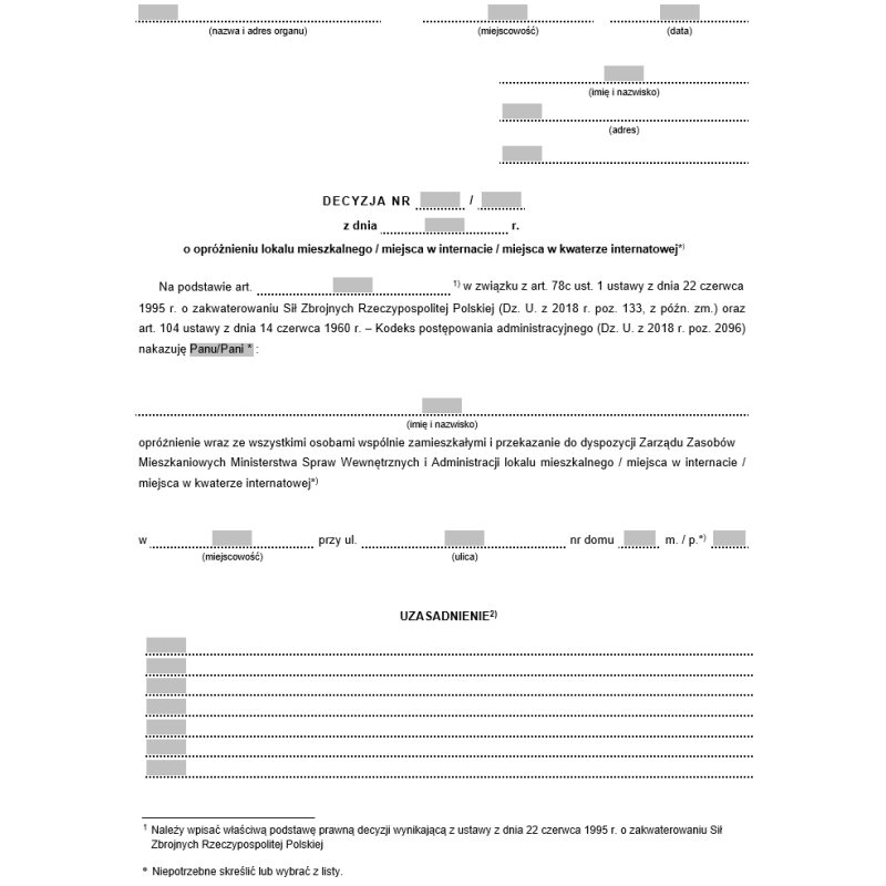 Decyzja o opróżnieniu lokalu mieszkalnego / miejsca w internacie / miejsca w kwaterze internatowej