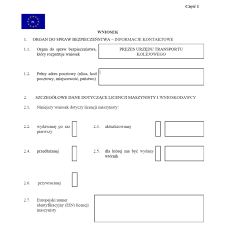 Wniosek o wydanie licencji maszynisty, przedłużenie ważności, wydanie wtórnika, przywrócenie tego dokumentu i aktualizację danych w nim zawartych