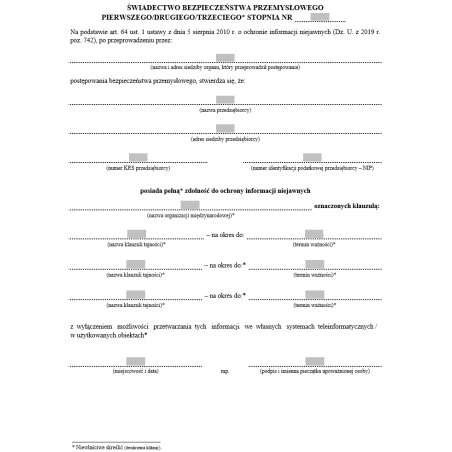 Świadectwo bezpieczeństwa przemysłowego pierwszego/drugiego/trzeciego stopnia