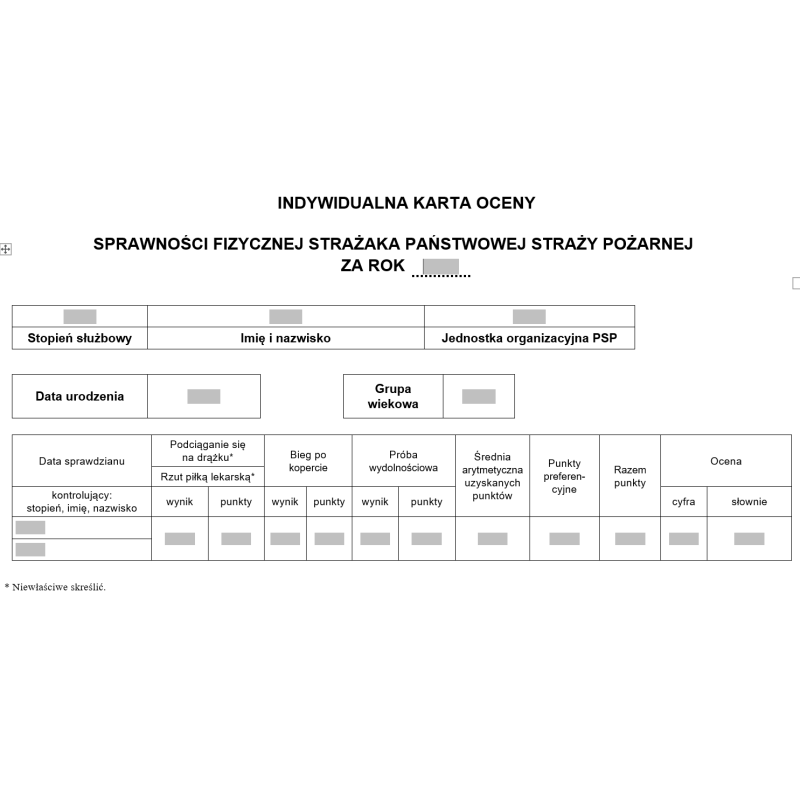 Indywidualna karta oceny sprawności fizycznej strażaka Państwowej Straży Pożarnej