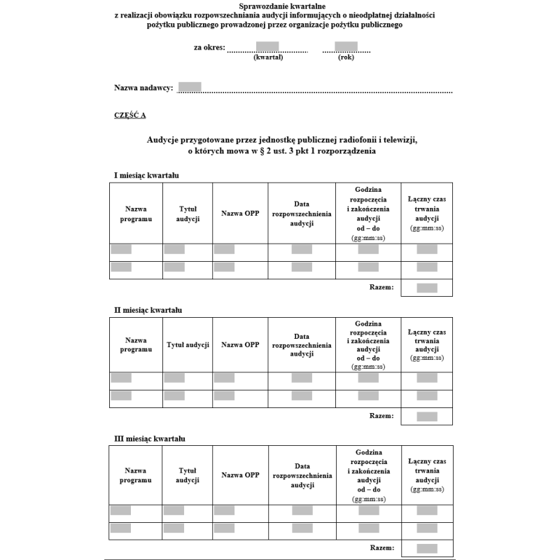 Sprawozdanie kwartalne z realizacji obowiązku rozpowszechniania audycji informacyjnych, publicystycznych i dokumentalnych oraz audycji przezentujących kampanie społeczne