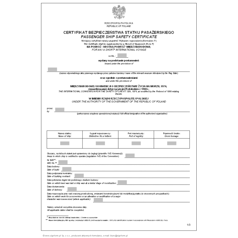 Certyfikat Bezpieczeństwa Statku Pasażerskiego (Passenger Ship Safety Certificate)