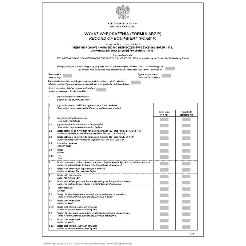 Wykaz wyposażenia  (Formularz P) (Record od equipment (Form P))