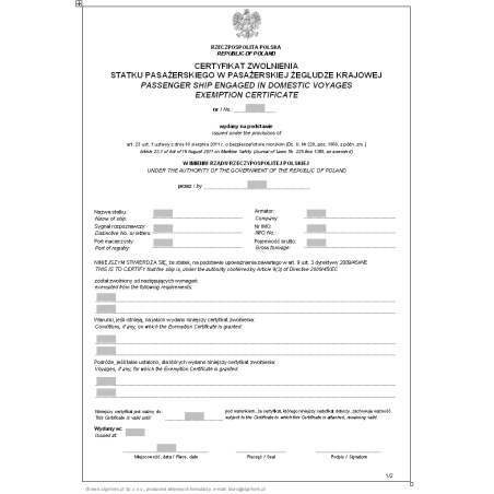 Certyfikat zwolnienia statku pasażerskiego w pasażerskiej żegludze krajowej (Passenger ship engaged in domestic voyages exemption certificate)