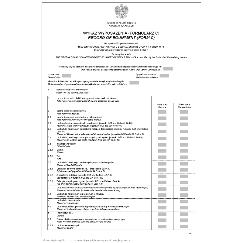 Wykaz wyposażenia  (Formularz C) (Record od equipment (Form C))