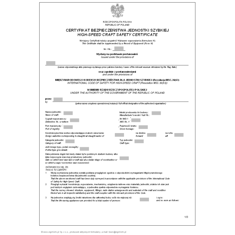 Certyfikat bezpieczeństwa jednostki szybkiej - wersja 1 (High-speed craft safety certificate)