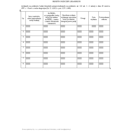 Rejestr orzeczeń lekarskich wydanych na podstawie badań lekarskich przeprowadzonych na podstawie ustawy - Prawo o ruchu drogowym