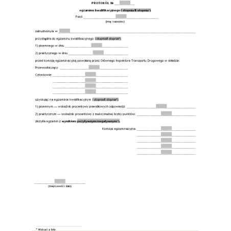 Protokół egzaminu kwalifikacyjnego I stopnia / II stopnia na Inspektora Transportu Drogowego