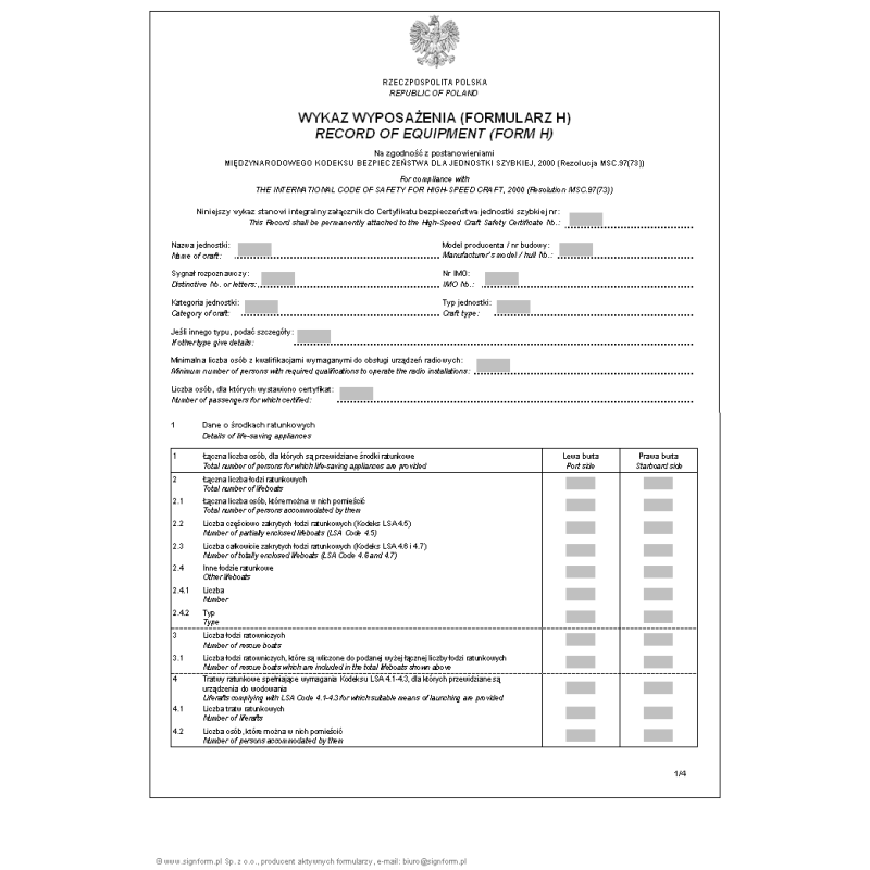 Wykaz wyposażenia (Formularz H) - wersja 2 (Record of equipment (Form H))