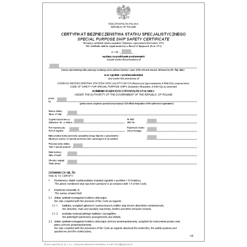 Certyfikat bezpieczeństwa statku specjalistycznego - wersja 1 (Special purpose ship safety certificate)