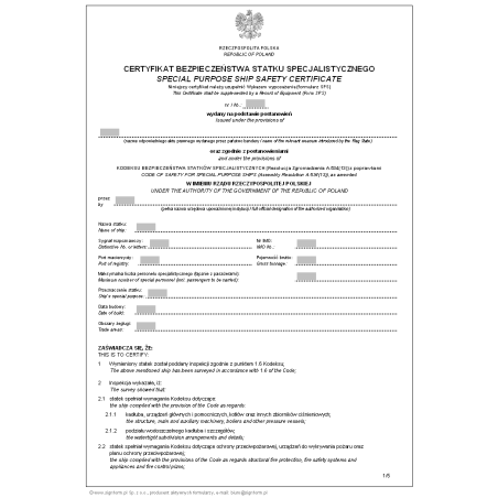 Certyfikat bezpieczeństwa statku specjalistycznego - wersja 1 (Special purpose ship safety certificate)