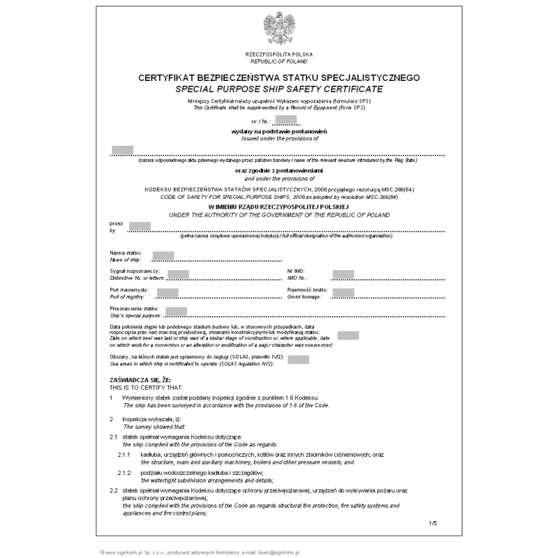 Certyfikat bezpieczeństwa statku specjalistycznego - wersja 2 (Special purpose ship safety certificate)