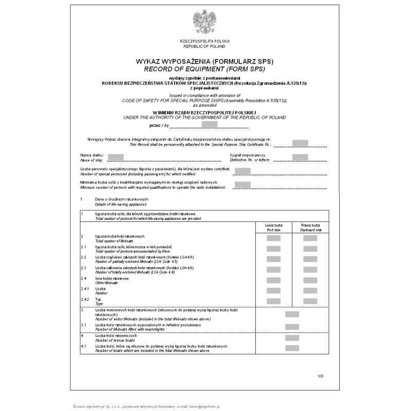 Wykaz wyposażenia (Formularz SPS) - wersja 1 Record of equipment (Form SPS)