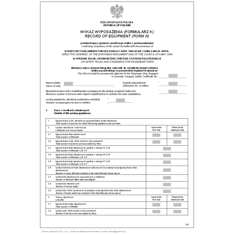 Wykaz wyposażenia (Formularz K) Record of equipment (Form K)