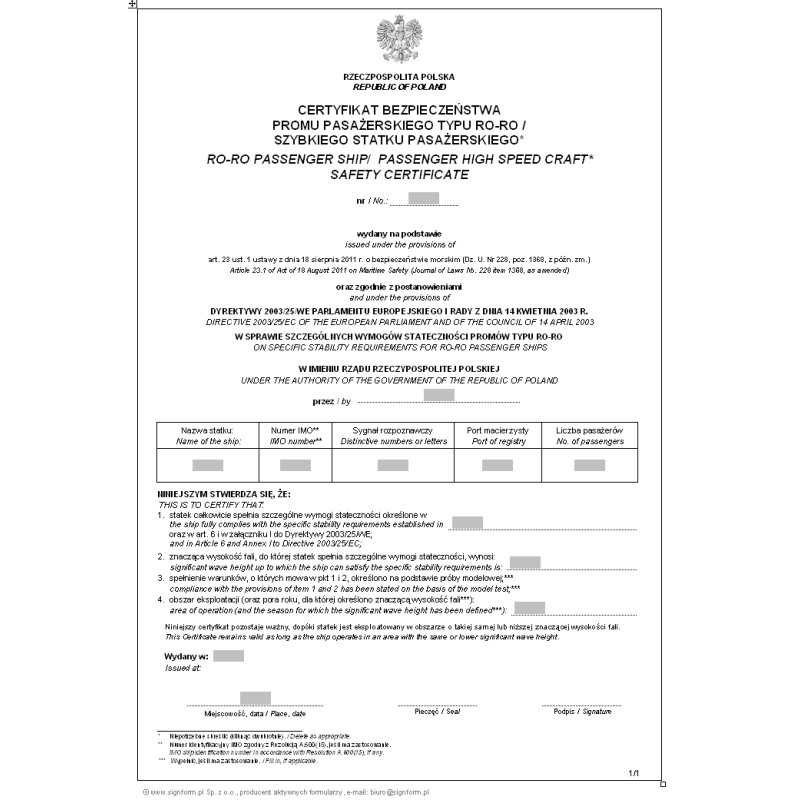 Certyfikat bezpieczeństwa promu pasażerskiego typu Ro-Ro / szybkiego statku pasażerskiego (Ro-Ro passenger ship/ passenger high speed craft safety certificate)