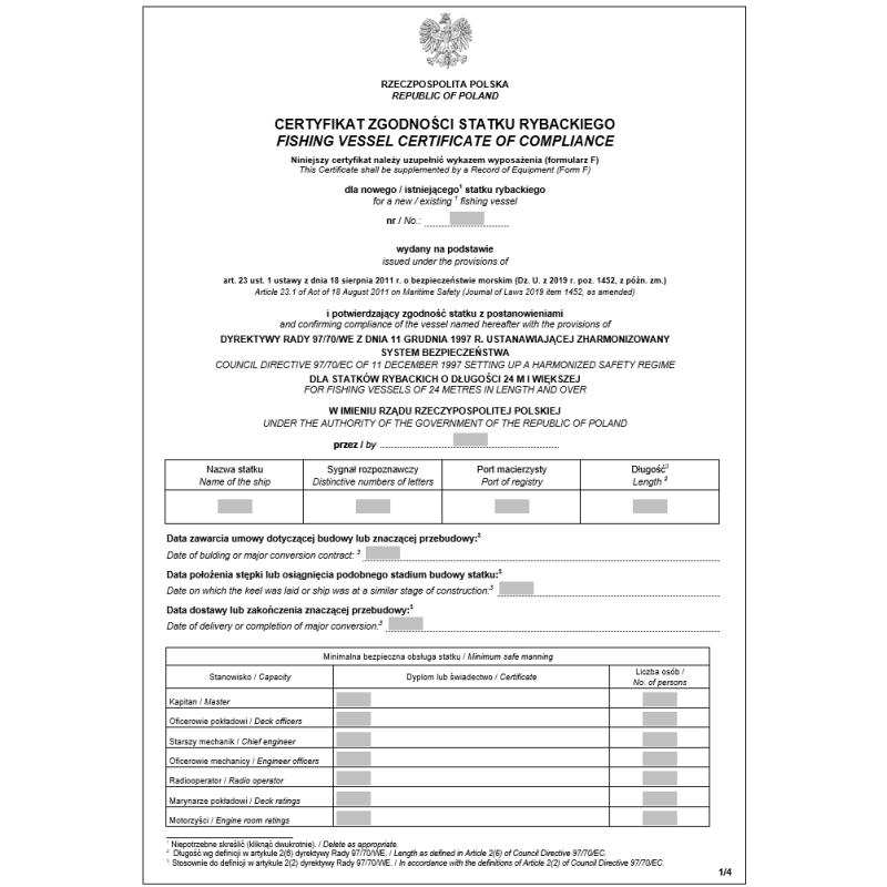 Certyfikat zgodności statku rybackiego (Fishing vessel certificate of compliance)