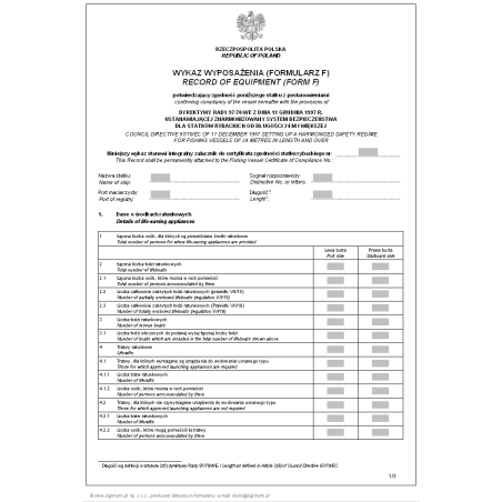 Wykaz wyposażenia (Formularz F) - Record of equipment (Form F)