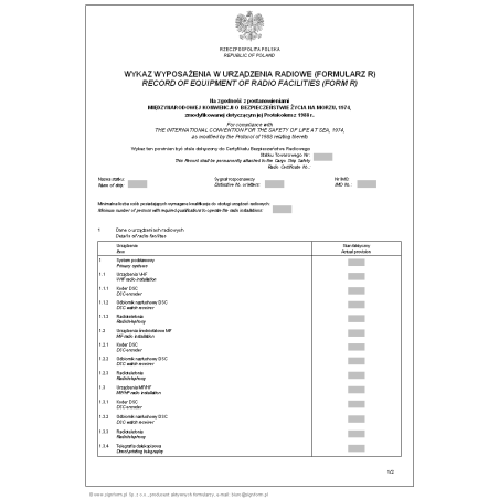 Wykaz wyposażenia w urządzenia radiowe (Formularz R) Record of equipment of radio facilities (Form R)