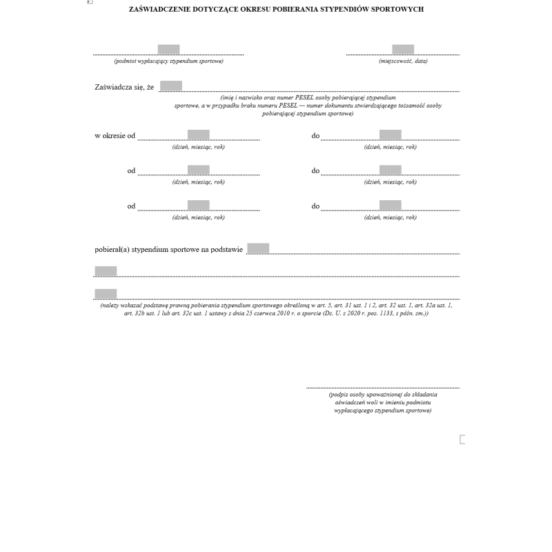Zaświadczenie dotyczące okresu pobierania stypendiów sportowych