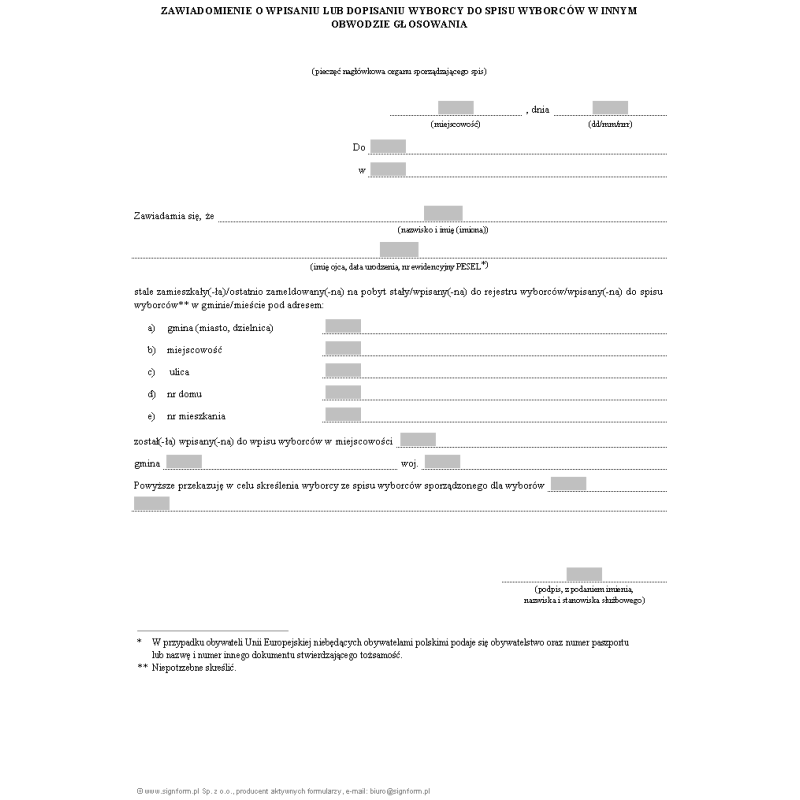 Zawiadomienie o wpisaniu lub dopisaniu wyborcy do spisu wyborców w innym obwodzie głosowania