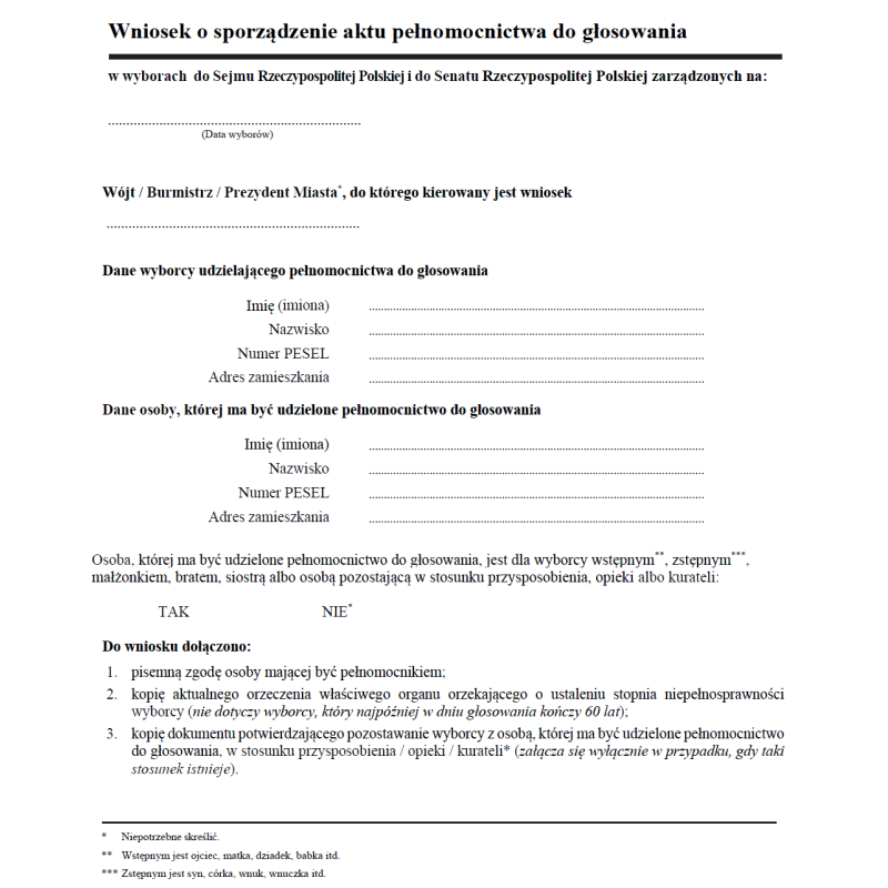 Wniosek o sporządzenie aktu pełnomocnictwa do głosowania w wyborach do Sejmu Rzeczypospolitej Polskiej i do Senatu Rzeczypospolitej Polskiej