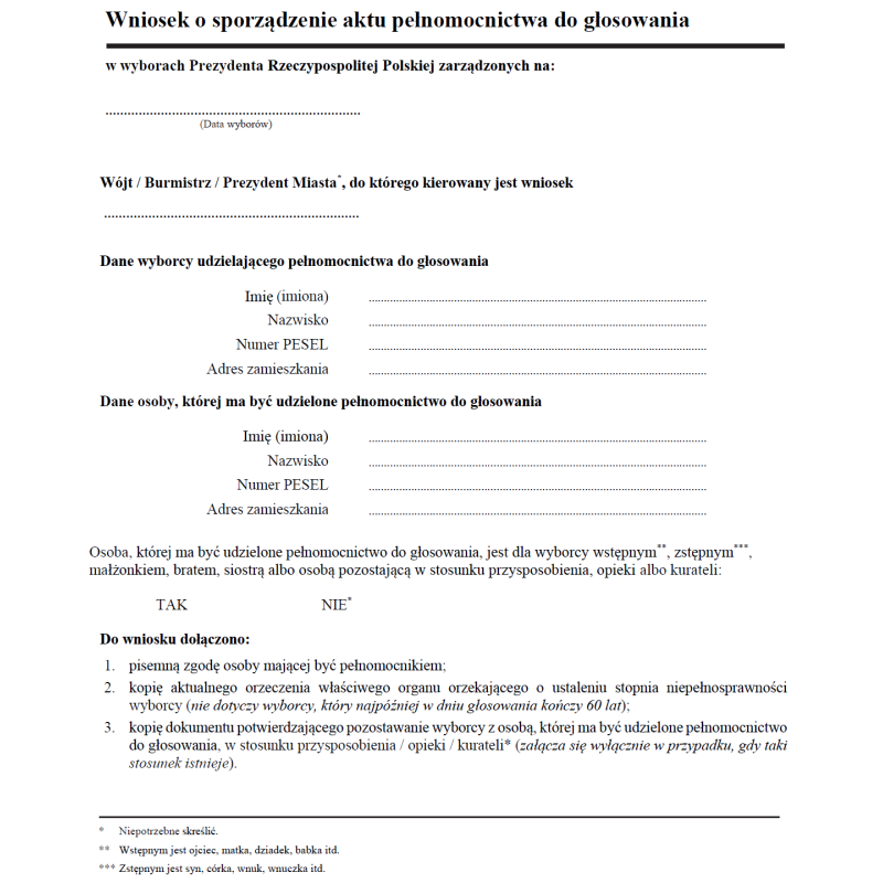 Wniosek o sporządzenie aktu pełnomocnictwa do głosowania w wyborach Prezydenta Rzeczypospolitej Polskiej