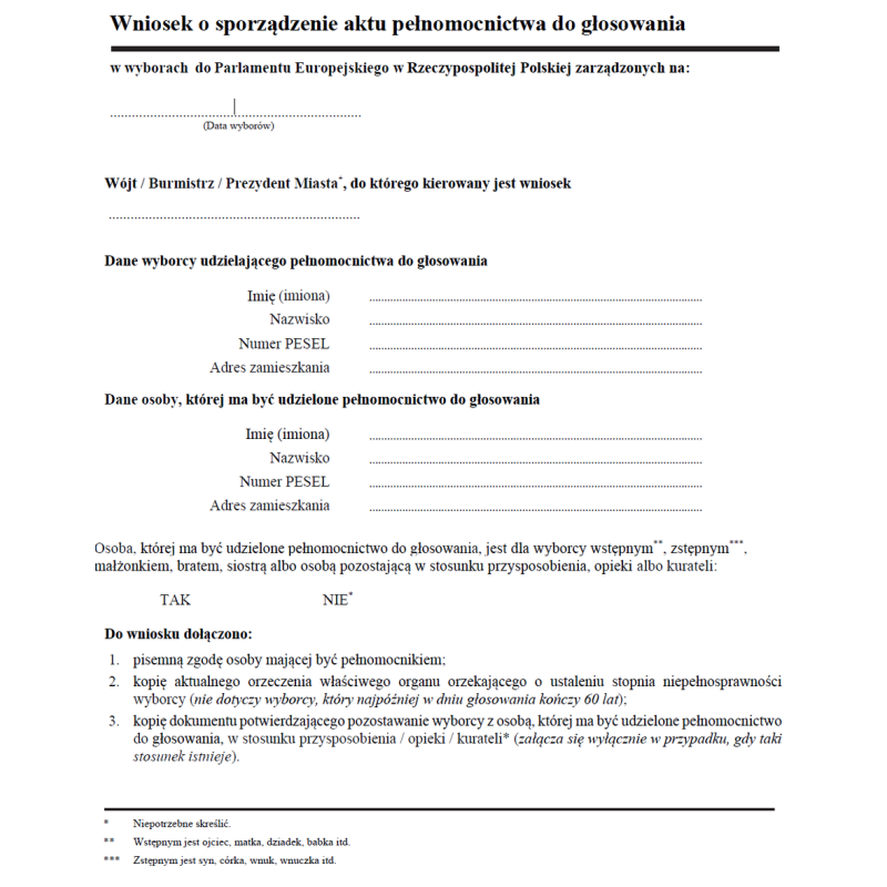 Wniosek o sporządzenie aktu pełnomocnictwa do głosowania w wyborach do Parlamentu Europejskiego w Rzeczypospolitej Polskiej