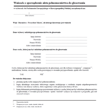 Wniosek o sporządzenie aktu pełnomocnictwa do głosowania w wyborach do Parlamentu Europejskiego w Rzeczypospolitej Polskiej