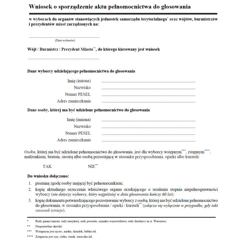 Wniosek o sporządzenie aktu pełnomocnictwa do głosowania w wyborach do organów stanowiących jednostek samorządu terytorialnego oraz wójtów, burmistrzów i prezydentów miast