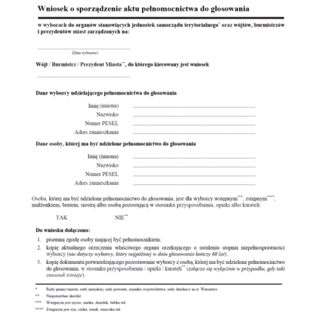 Wniosek o sporządzenie aktu pełnomocnictwa do głosowania w wyborach do organów stanowiących jednostek samorządu terytorialnego oraz wójtów, burmistrzów i prezydentów miast