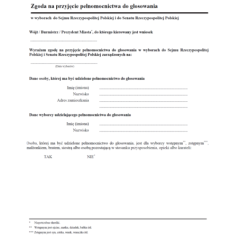 Zgoda na przyjęcie pełnomocnictwa do głosowania w wyborach do Sejmu Rzeczypospolitej Polskiej i do Senatu Rzeczypospolitej Polskiej