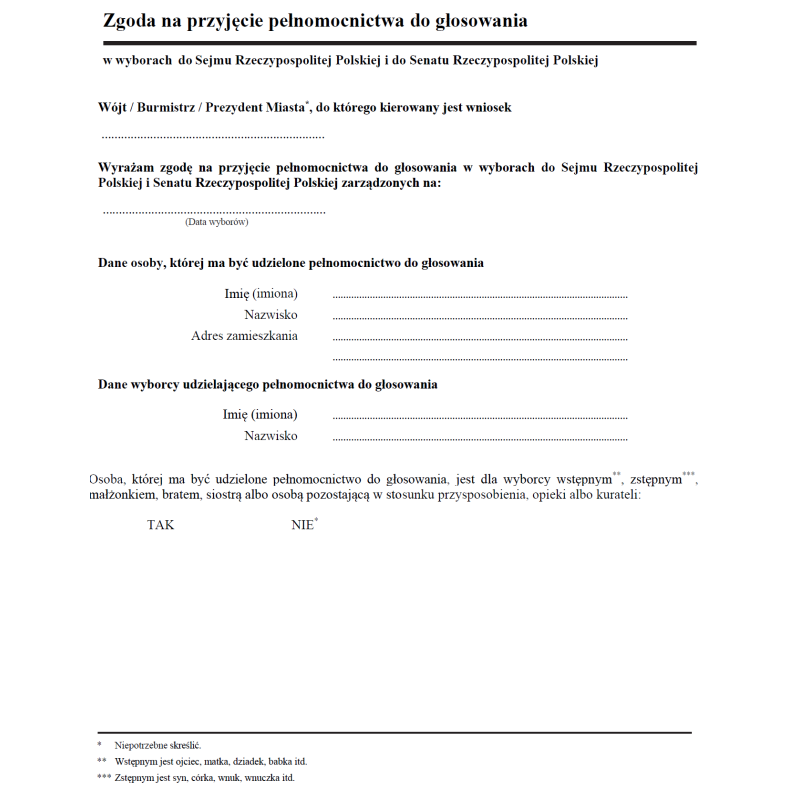 Zgoda na przyjęcie pełnomocnictwa do głosowania w wyborach do Sejmu Rzeczypospolitej Polskiej i do Senatu Rzeczypospolitej Polskiej