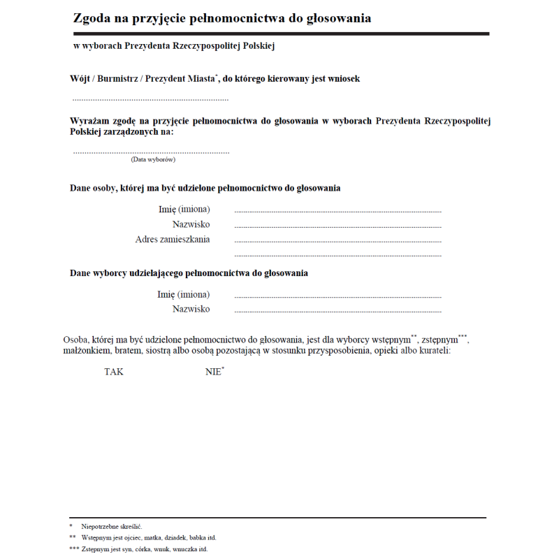 Zgoda na przyjęcie pełnomocnictwa do głosowania w wyborach Prezydenta Rzeczypospolitej Polskiej