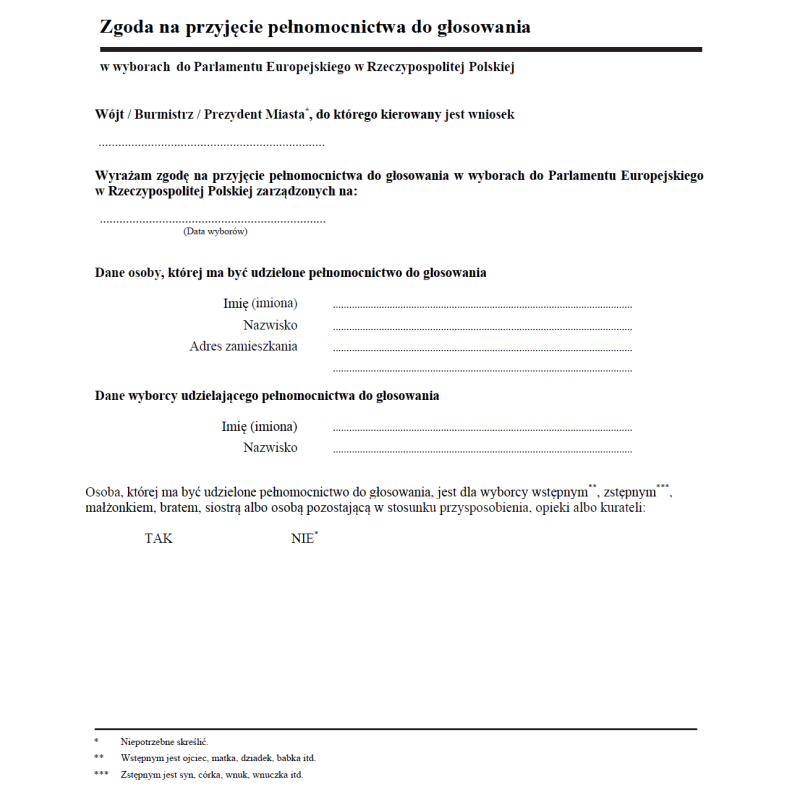 Zgoda na przyjęcie pełnomocnictwa do głosowania w wyborach do Parlamentu Europejskiego w Rzeczypospolitej Polskiej