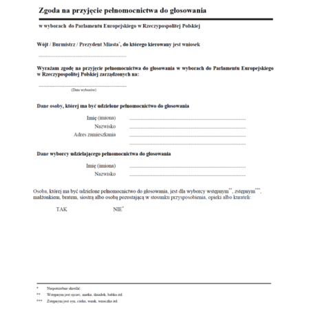 Zgoda na przyjęcie pełnomocnictwa do głosowania w wyborach do Parlamentu Europejskiego w Rzeczypospolitej Polskiej