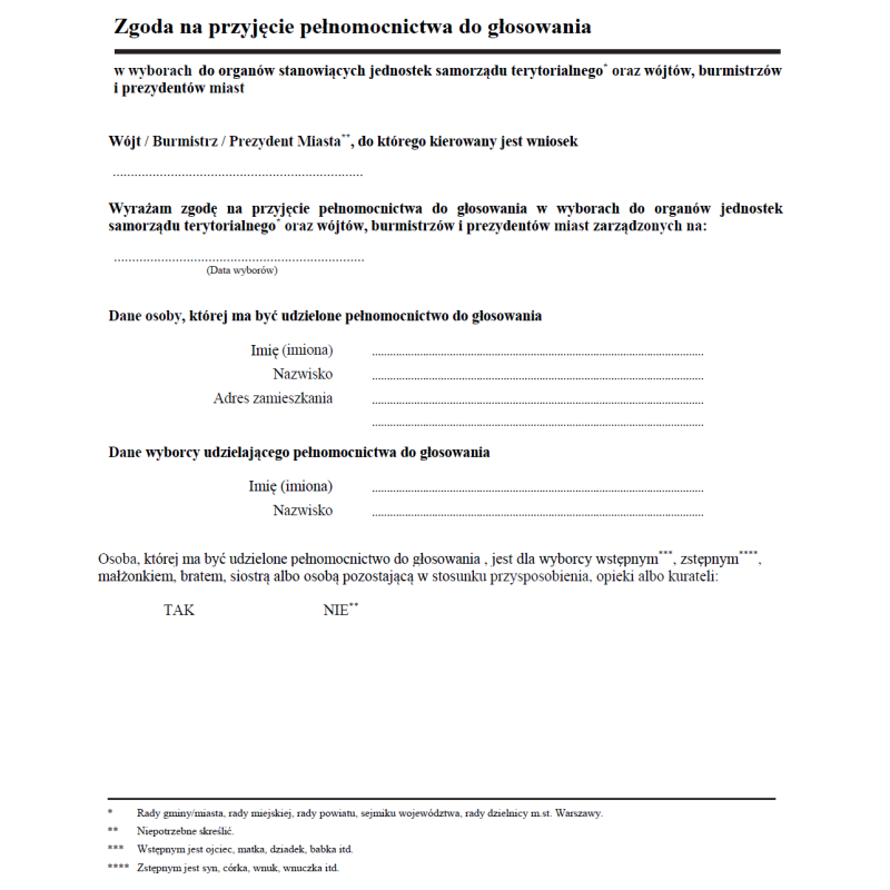 Zgoda na przyjęcie pełnomocnictwa do głosowania w wyborach do organów stanowiących jednostek samorządu terytorialnego oraz wójtów, burmistrzów i prezydentów miast