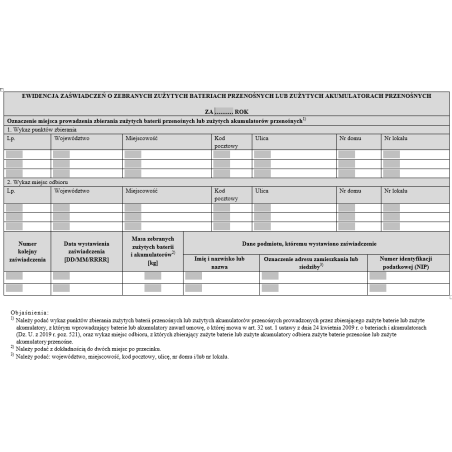 Ewidencja zaświadczeń o zebranych zużytych bateriach przenośnych lub zużytych akumulatorach przenośnych