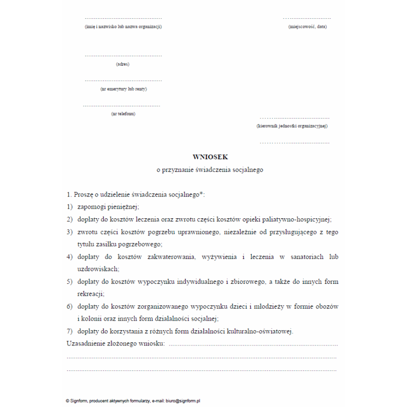 Wniosek o przyznanie świadczenia socjalnego emerytom i rencistom Policji, Straży Granicznej, Biura Ochrony Rządu i Państwowej Straży Pożarnej oraz ich rodzinom