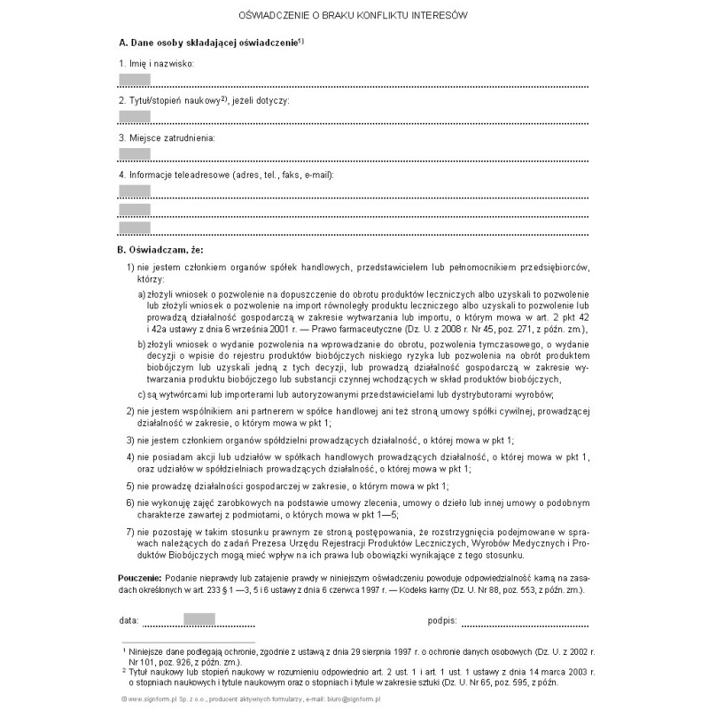 Oświadczenie o braku konfliktu interesów (Urząd Rejestracji Produktów Leczniczych, Wyrobów Medycznych i Produktów Biobójczych)