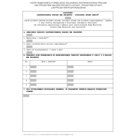 Urzędowy formularz zgłoszenia zainteresowania pracami nad projektem założeń projektu ustawy, projektem ustawy lub projektem rozporządzenia