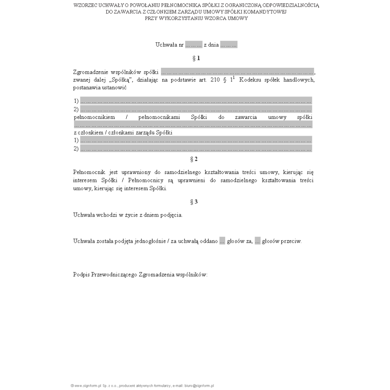 Uchwała o powołaniu pełnomocnika spółki z ograniczoną odpowiedzialnością do zawarcia z członkiem zarządu umowy spółki komandytowej przy wykorzystaniu wzorca umowy