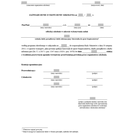 Zaświadczenie o ukończeniu szkolenia w zakresie wykonywania zadań członka służby porządkowej i służby informacyjnej / kierownika do spraw bezpieczeństwa