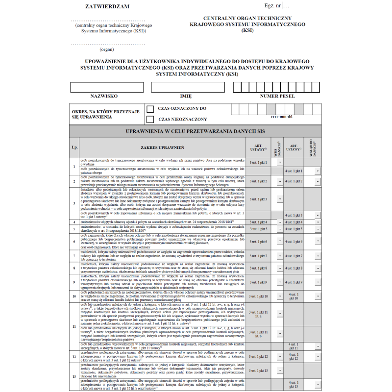 Upoważnienie dla użytkownika indywidualnego do dostępu do Krajowego Systemu Informatycznego (KSI) oraz przetwarzania danych poprzez Krajowy System Informatyczny (KSI)