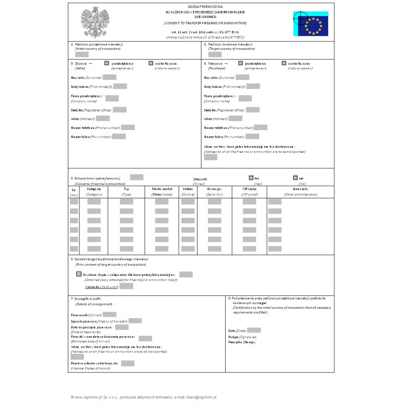 Zgoda przewozowa na każdorazowe przemieszczanie broni palnej lub amunicji (Consent to transfer firearms or ammunition)