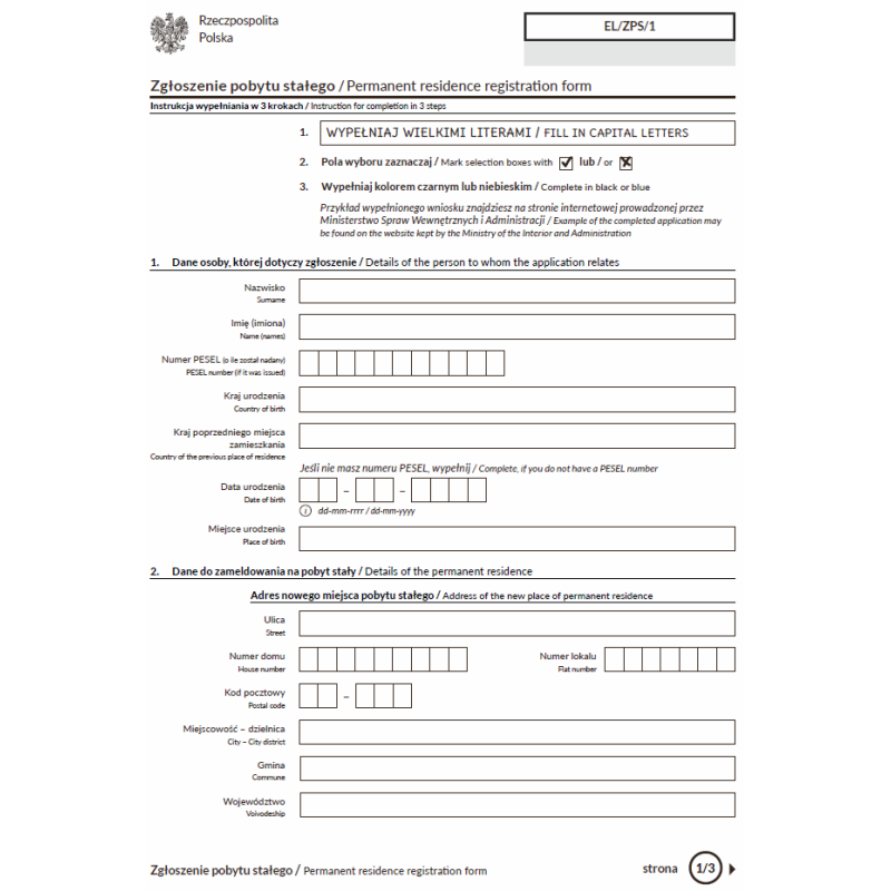 Zgłoszenie pobytu stałego / Permanent residence registration form