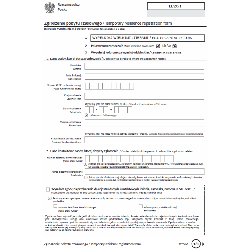 Zgłoszenie pobytu czasowego / Temporary residence registration form